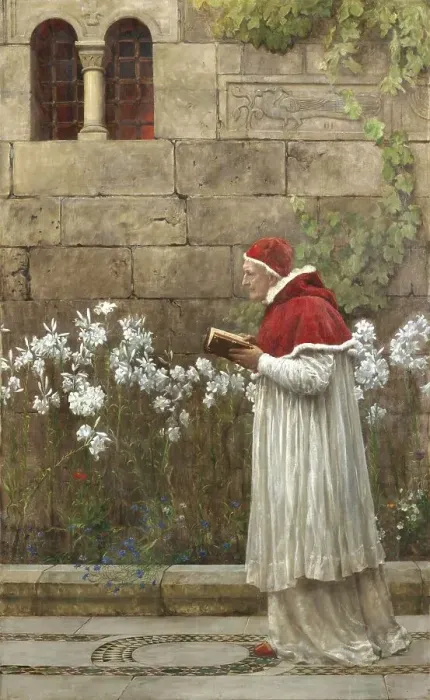 Framed Print : A pope in a white robe and red hat reads a book in a garden Framed Print : A pope in a white robe and red hat reads a book in a garden