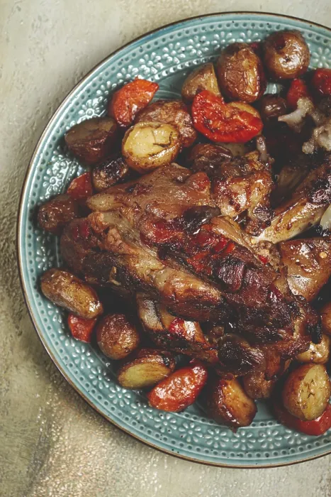 Framed Print : Pork knuckle baked with vegetables