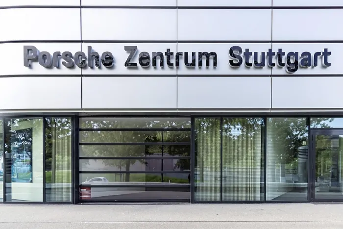 Framed Print : Porsche Centre. Writing at Autohaus am Pragsattel in Stuttgart