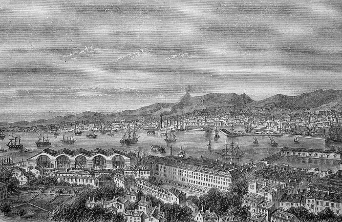 Framed Print : Port of Toulon, year 1870, digitally restored reproduction of an original 19th century painting