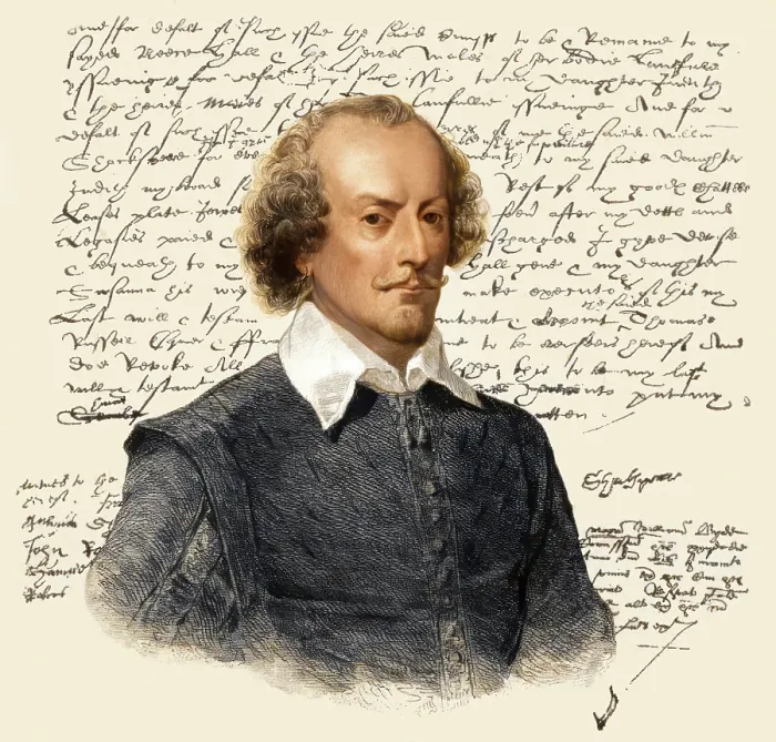 Framed Print : Portrait and facsimile of the testament of William Shakespeare