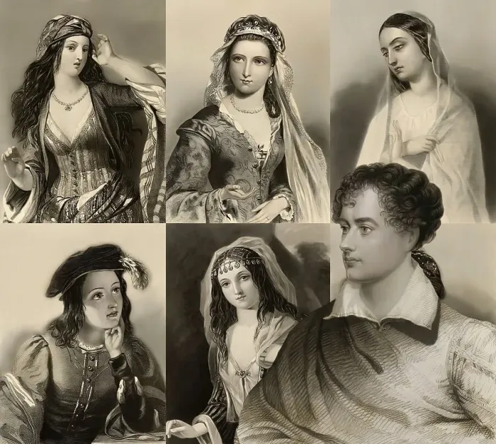 Framed Print : Portrait of George Gordon Noel Byron with his beauty female figures