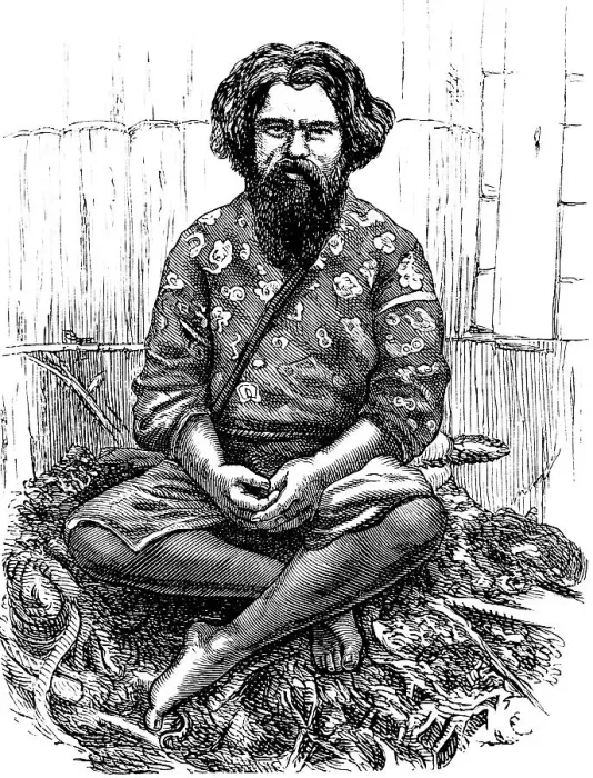 Framed Print : Portrait of a man from the ancient Aino tribe, one of the first settlers of Japan, dark black hair, full beard, clothes, pointed shoes, sitting on ropes for fishing, history of mankind, Japan, historical illustration 1880, Asia