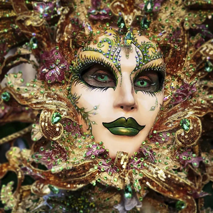 Framed Print : Portrait, Venetian mask with green eyes and green lips