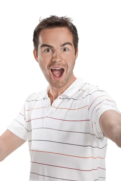 Framed Print : Portrait of young surprised man gesturing
