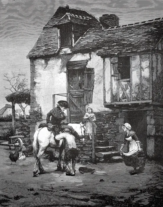 Framed Print : At a post office, the stable servant repairs a saddle strap from a rider