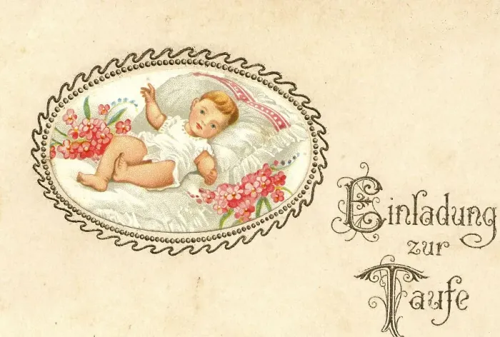 Framed Print : Postcard, invitation to a christening Framed Print : Postcard, invitation to a christening