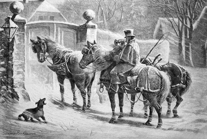 Framed Print : The postman stands in the snowstorm with his horses in front of a closed gate Framed Print : The postman stands in the snowstorm with his horses in front of a closed gate