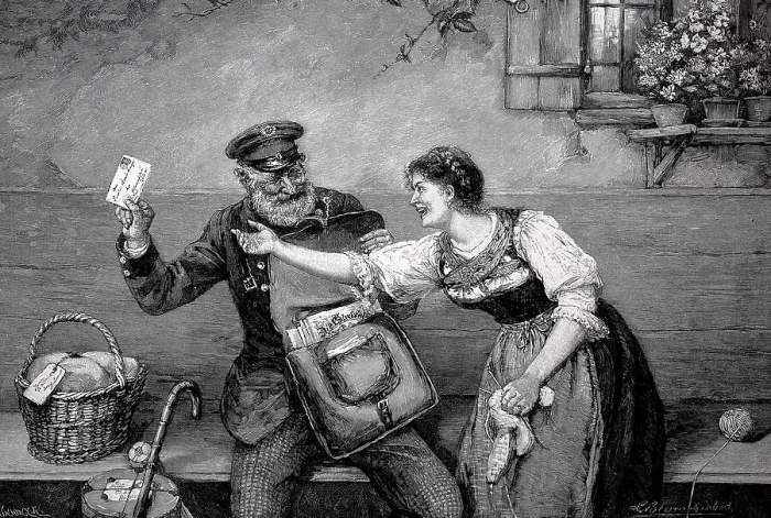 Framed Print : Postman teasing the recipient, who has been waiting a long time for the post