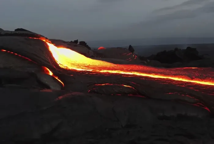 Framed Print : Pouring lava on the slope of the volcano