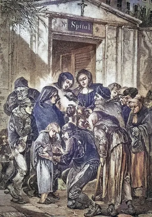 Framed Print : Poverty, hunger, hardship, soup distribution in front of a monastery in Vienna