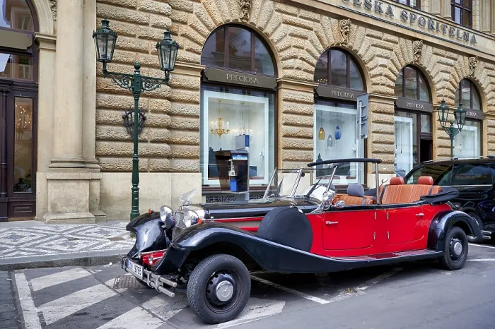 Framed Print : Prague Czech Republic. An historical car in Old Town