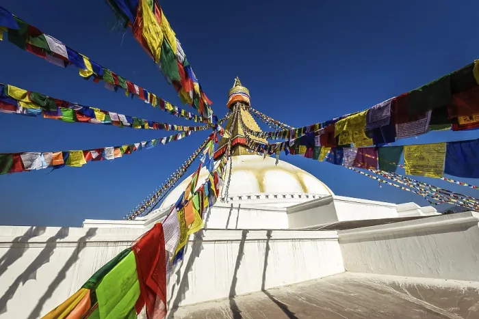 Framed Print : Prayer flags at Boudhanath Stupa