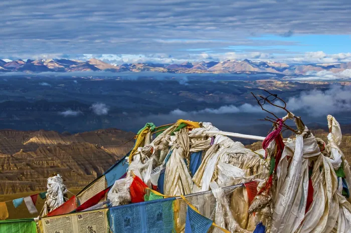 Framed Print : Prayer flags over the eroded mud landscape in the kingdom of Guge