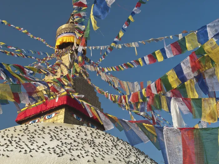 Framed Print : Prayer flags surrounding the top of Boudnath stupa