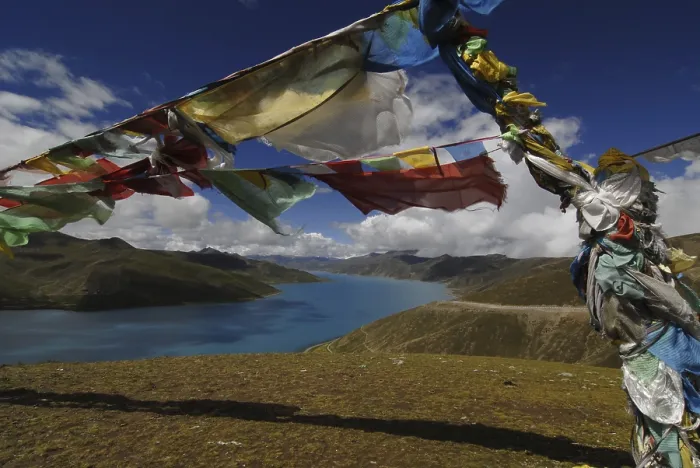 Framed Print : Prayer flags, Yamdrok Lake, central Tibet