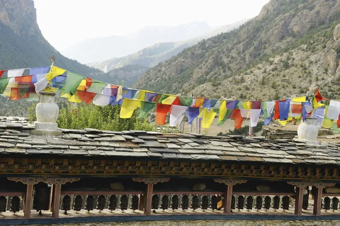 Framed Print : Prayer wheel and holy flag in upper pisang Framed Print : Prayer wheel and holy flag in upper pisang