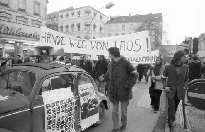 Framed Print : Predominantly students demonstrated for a hands off Laos in 1970 in Bonn against the deployment of the US army in