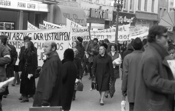 Framed Print : Predominantly students demonstrated for a hands off Laos in 1970 in Bonn against the deployment of the US army in