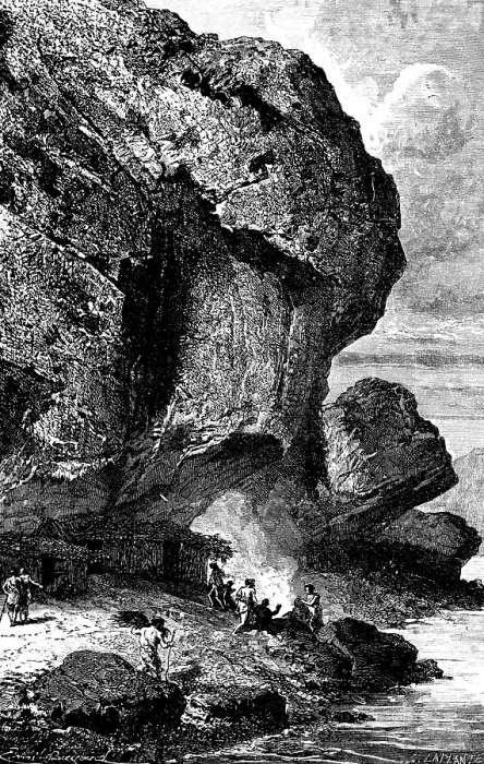 Framed Print : Prehistoric dwelling under a rock on the Aveyron near Bruniquel, department of Tarn-et-Garonne, shelter, safety, dwelling, fire, group of people, rock landscape, palaeontology, history of mankind, France, historical illustration1880, Europe
