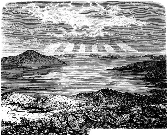 Framed Print : Prehistoric seascape, with islands and mountains, sky, clouds, sunbeams, fossils, Neolithic, historical illustration 1880