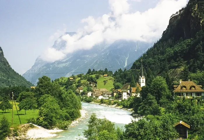 Framed Print : Presumably the river Reuss and the village of Amsteg, Canton Uri, Switzerland, Europe 1950s, Europe Framed Print : Presumably the river Reuss and the village of Amsteg, Canton Uri, Switzerland, Europe 1950s, Europe
