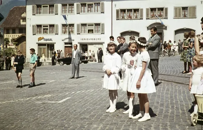 Framed Print : Pretty girls and people in town square, Corpus Christi parade, Schwyz, main square, Switzerland, Europe, 1959, Europe