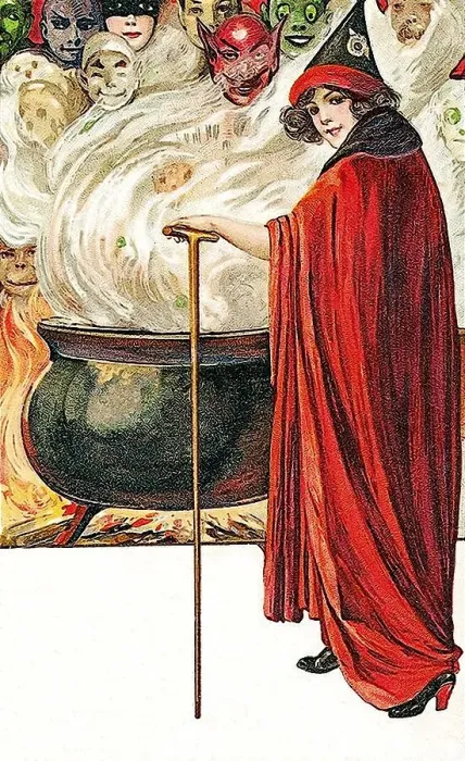 Framed Print : Pretty witch, cauldron, faces, masks