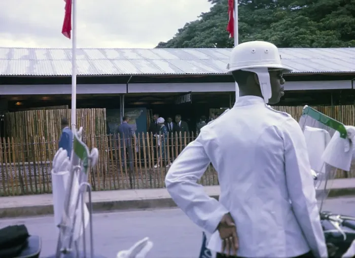 Framed Print : Princess Royal attending independence event in Port of Spain, Trinidad 1962 with motorcycle security official in foreground