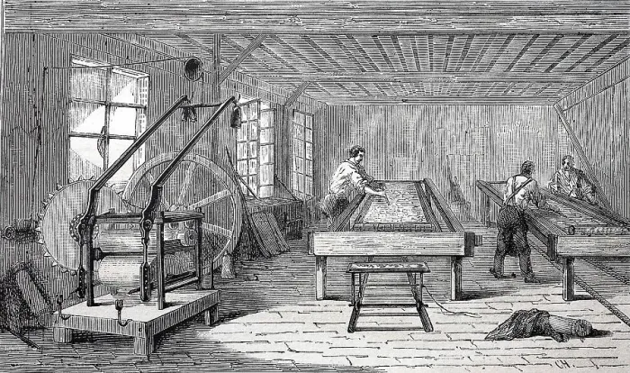 Framed Print : Production of silk fabrics, application of a primer to give the silk a better sheen