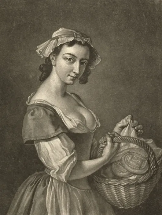 Framed Print : The profession of the milkmaid. A girl with a basket full of pieces of butter, c. 1810, Germany, Historic, digitally restored reproduction of an original from the period, Europe