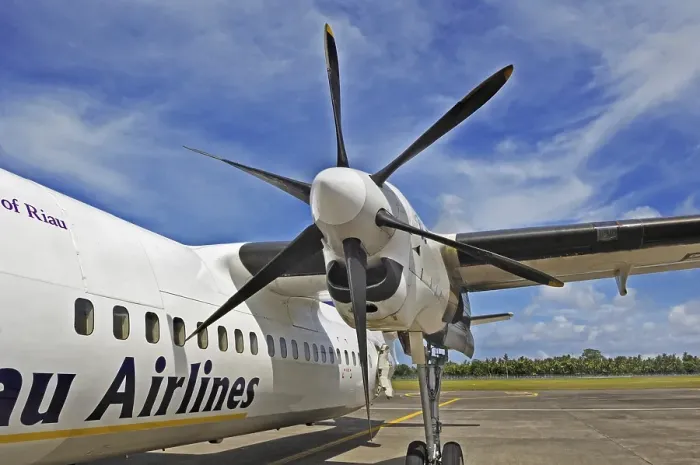 Framed Print : Propeller aircraft, prop jet Fokker 50, former Riau Airlines, at the airport in Labuan Bajo, Flores Island, Indonesia, Asia