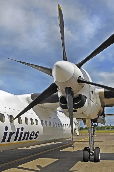 Framed Print : Propeller aircraft, prop jet Fokker 50, former Riau Airlines, at the airport in Labuan Bajo, Flores Island Indonesia