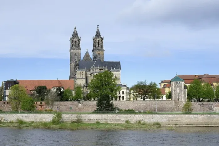 Framed Print : Protestant gothic Magdeburg cathedral or Cathedral of Saints Maurice and Catherine along the Elbe River
