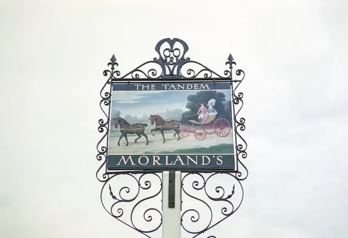 Framed Print : Pub sign for The Tandem Morland's brewery public house, location unknown, England, UK 1956 Framed Print : Pub sign for The Tandem Morland's brewery public house, location unknown, England, UK 1956