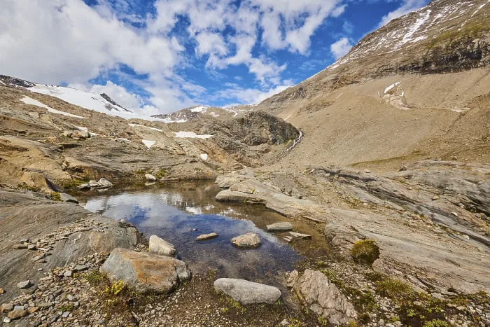 Framed Print : Puddle next to Wasserfallwinkelkeesee in the mountains (Grossglockner) in summer on a sunny day Framed Print : Puddle next to Wasserfallwinkelkeesee in the mountains (Grossglockner) in summer on a sunny day