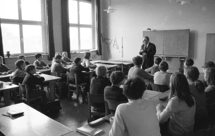 Framed Print : Pupil and teacher in a secondary school in Bochum in 1965