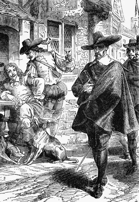 Framed Print : Puritans walk past a group of drinking Cavaliers