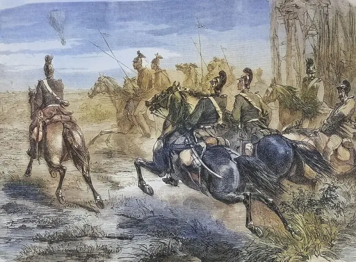 Framed Print : Pursuit of French balloon post by Bavarian soldiers