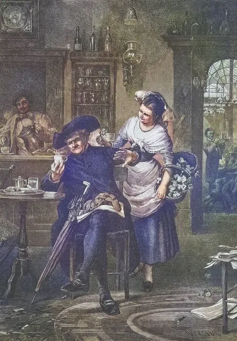Framed Print : Pushy flower seller in an inn, the guest tries to fend her off Framed Print : Pushy flower seller in an inn, the guest tries to fend her off