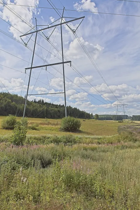 Framed Print : Pylon and power lines on a cloudy summer day
