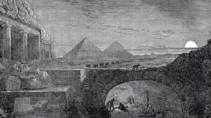 Framed Print : Pyramids and catacombs with mummies at night