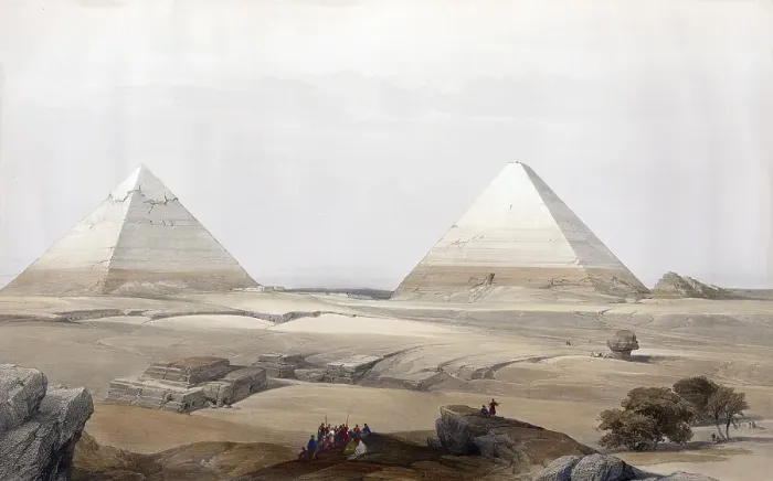 Framed Print : The Pyramids of Geezeh, Gize, Egypt, c. 1850, Historical, digitally restored reproduction from a 19th century original, exact date unknown, AI generated, Africa