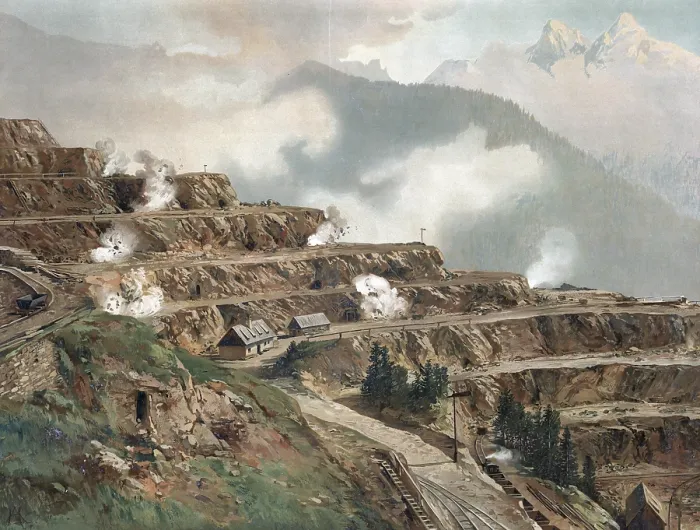 Framed Print : Quarry, ore mine, authentic reproduction of a school mural