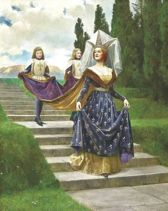 Framed Print : A queen in medieval dress strides down the stairs