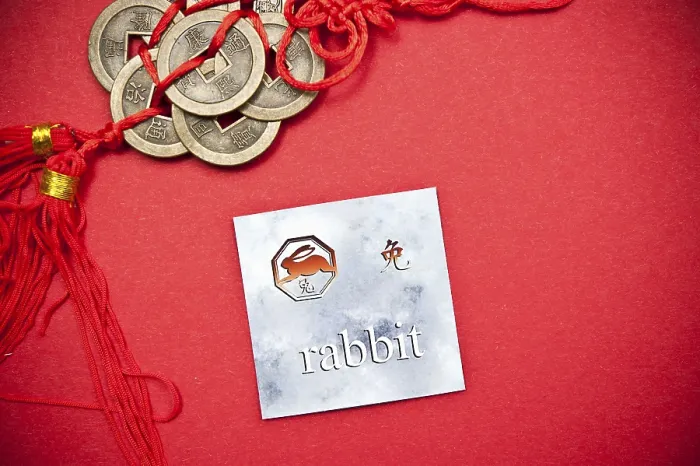 Framed Print : Rabbit zodiac card with Chinese character on a red background with coins