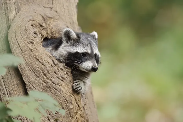 Framed Print : Raccoon (Procyon lotor), young animal looking out of a tree hollow