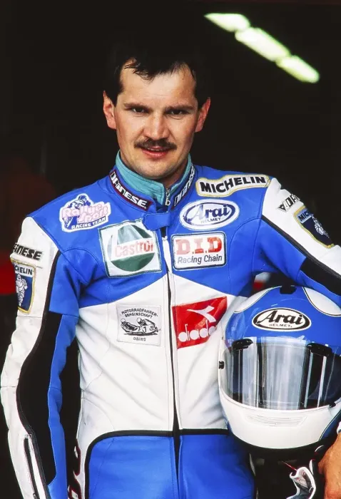 Framed Print : Racer Adi Stadler (DEU), portrait, Gemeinschaft Obing e. V. European Champion 1989, here at the Motorcycle World Championship 1990, rider in the 125 cc class, Grand Prix (GP) of Germany at the Hockenheimring on 27 May 1990, Germany, Europe