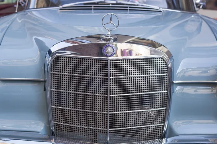 Framed Print : Radiator grille on a light blue Mercedes classic car at a classic car meeting Framed Print : Radiator grille on a light blue Mercedes classic car at a classic car meeting