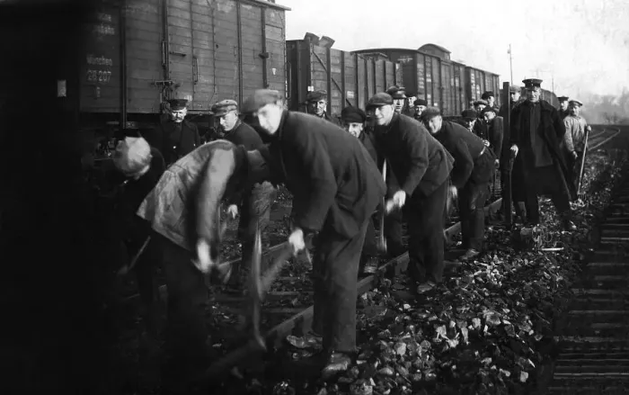 Framed Print : Railroad workers, historic photograph, around 1924